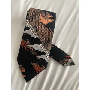 Vintage 70s Oleg Cassini by Burma Black Brown and Orange Abstract Tie